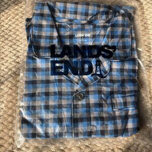 NWT Lands End Mens Large Pajama Top Blue Plaid Broadcloth Sleep Shirt Cotton